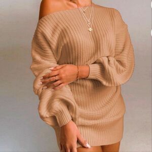 So Chic Off-The-Shoulder Sexy Sweater Dress- Blush